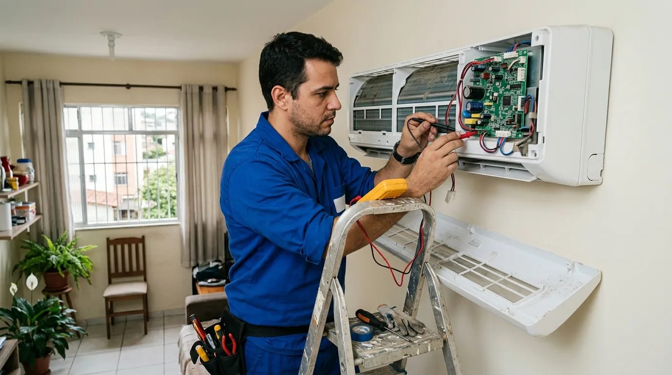 Eletricista ligando a placa do ar-condicionado split em Governador Valadares‑MG
